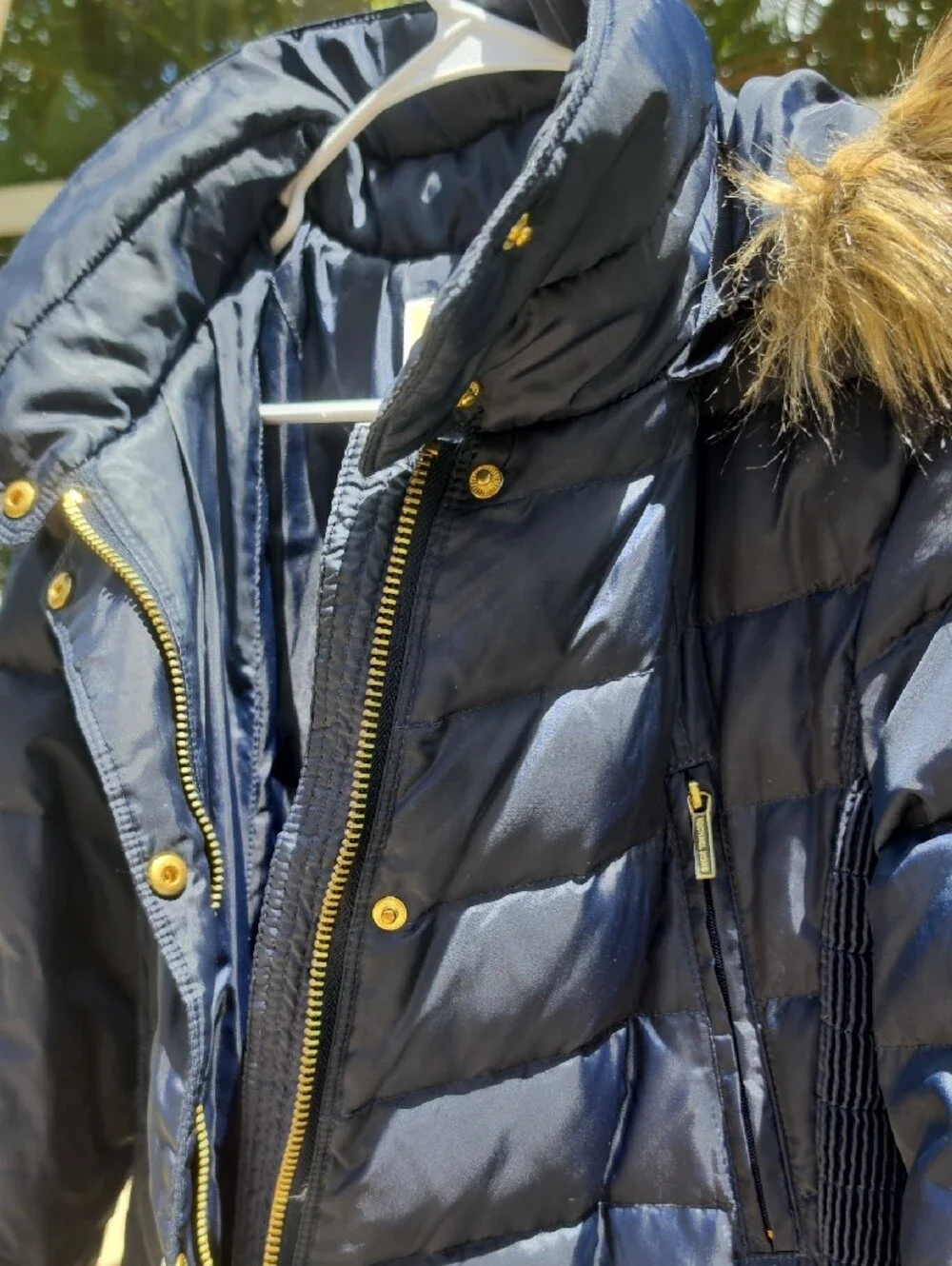 Michael Kors Navy Quilted Long Puffer Coat with Faux Fur Hood Trim